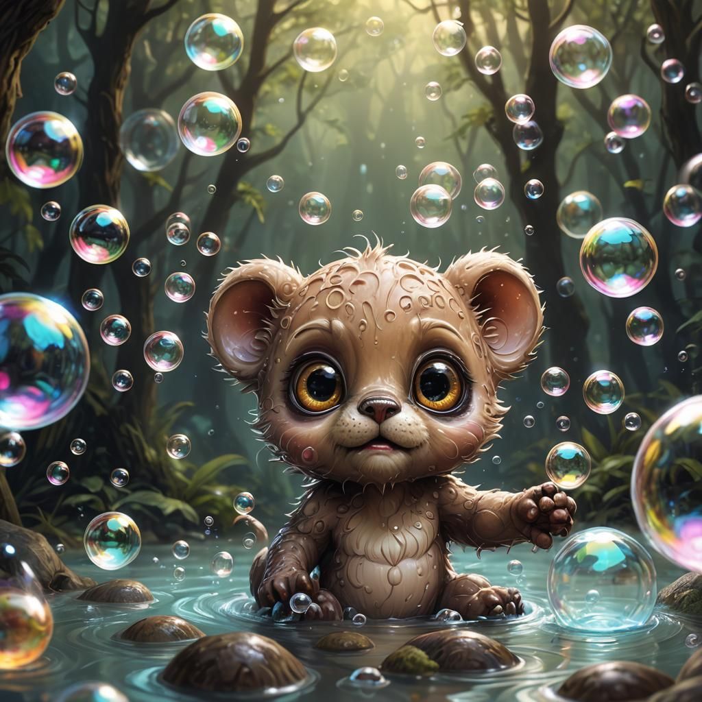 Adorable Cub Playing with Soapy Bubbles: Digital Art
