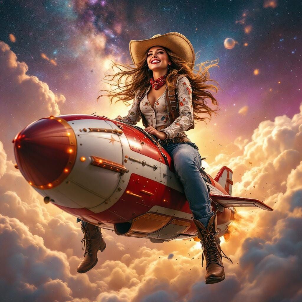 Cowgirl Rides Retro Rocketship in Surreal Photo