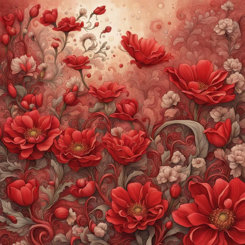 Intricate Bedroom Scene with Red Flowers in Splash Art