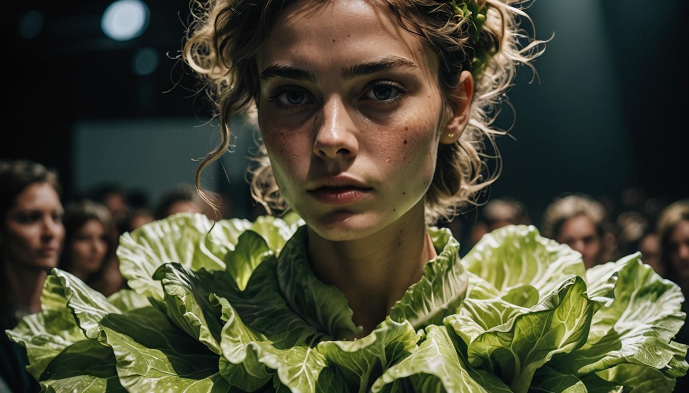 Iceberg Lettuce Dress at Fashion Show: Hyperrealistic Portra...