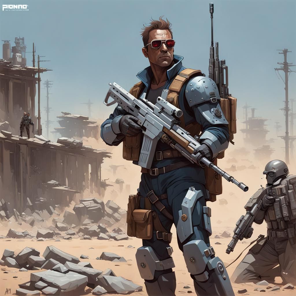 Cyborg Terminator, fully armed, machine gun, uzi, .357 magnum. Gerald Brom Pino Daeni Simon Stålenhag WLOP monochromatic...