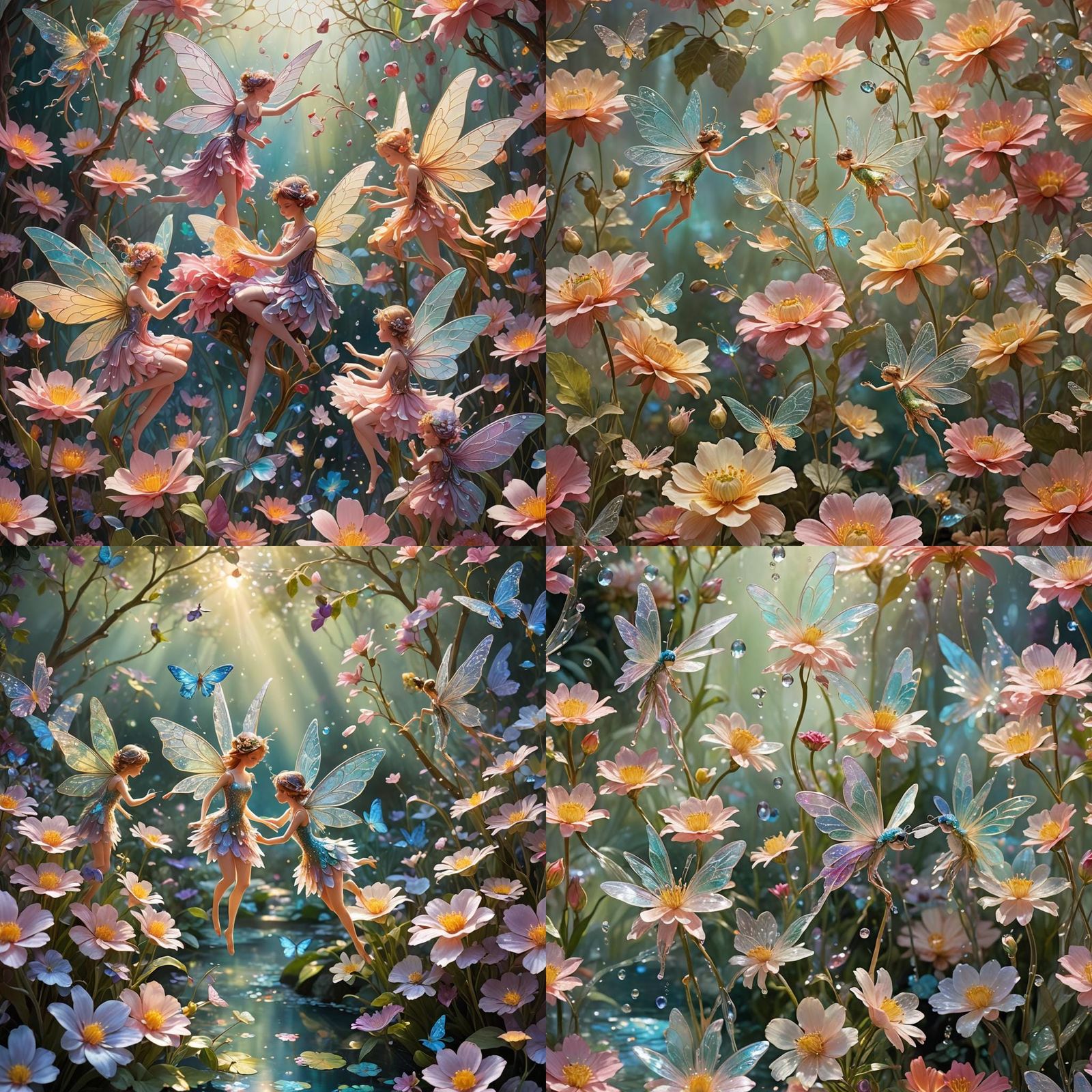 Fairies Bathing in Dew-Filled Flower Petals