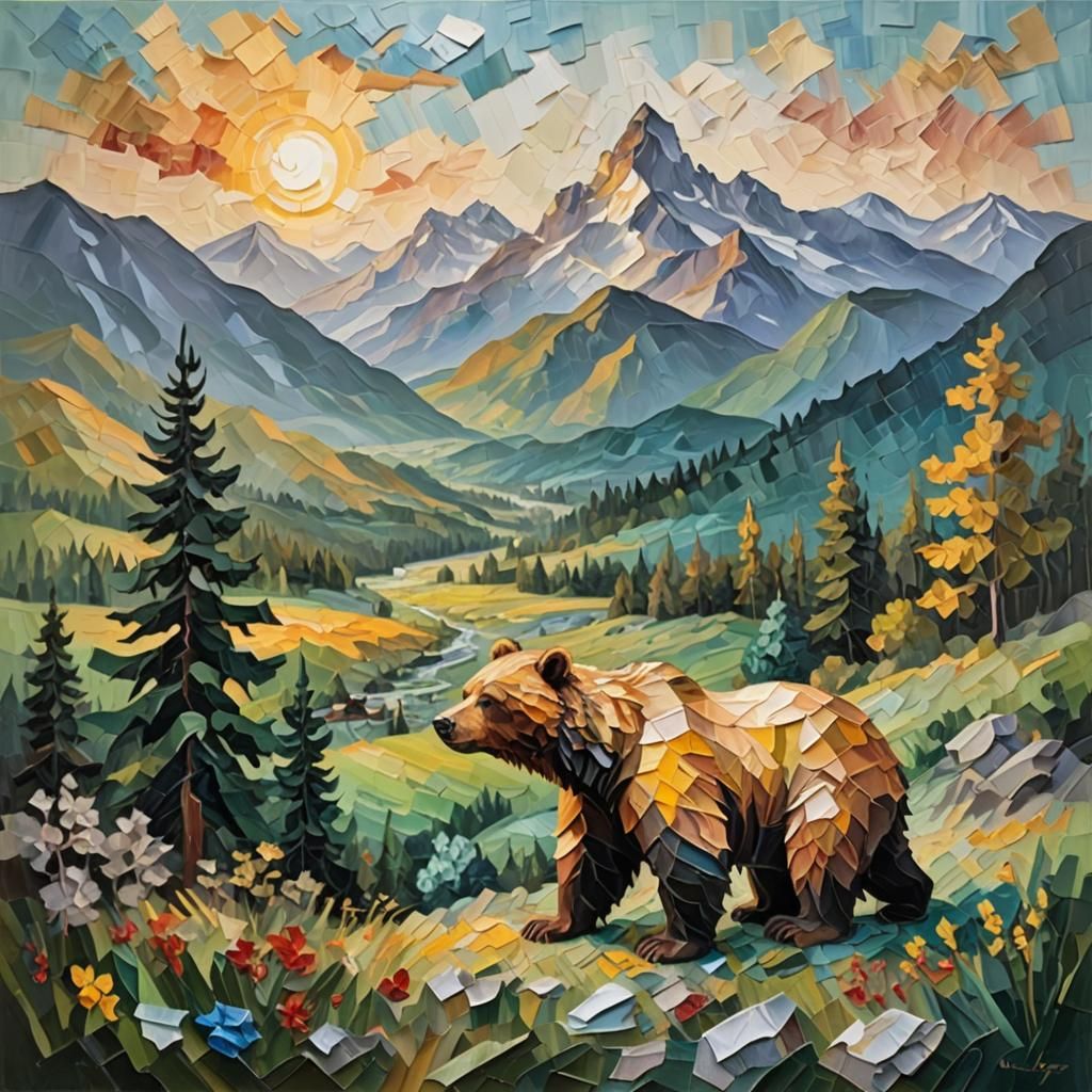 Mountain Landscape with Paper Bear in Oil Painting Style