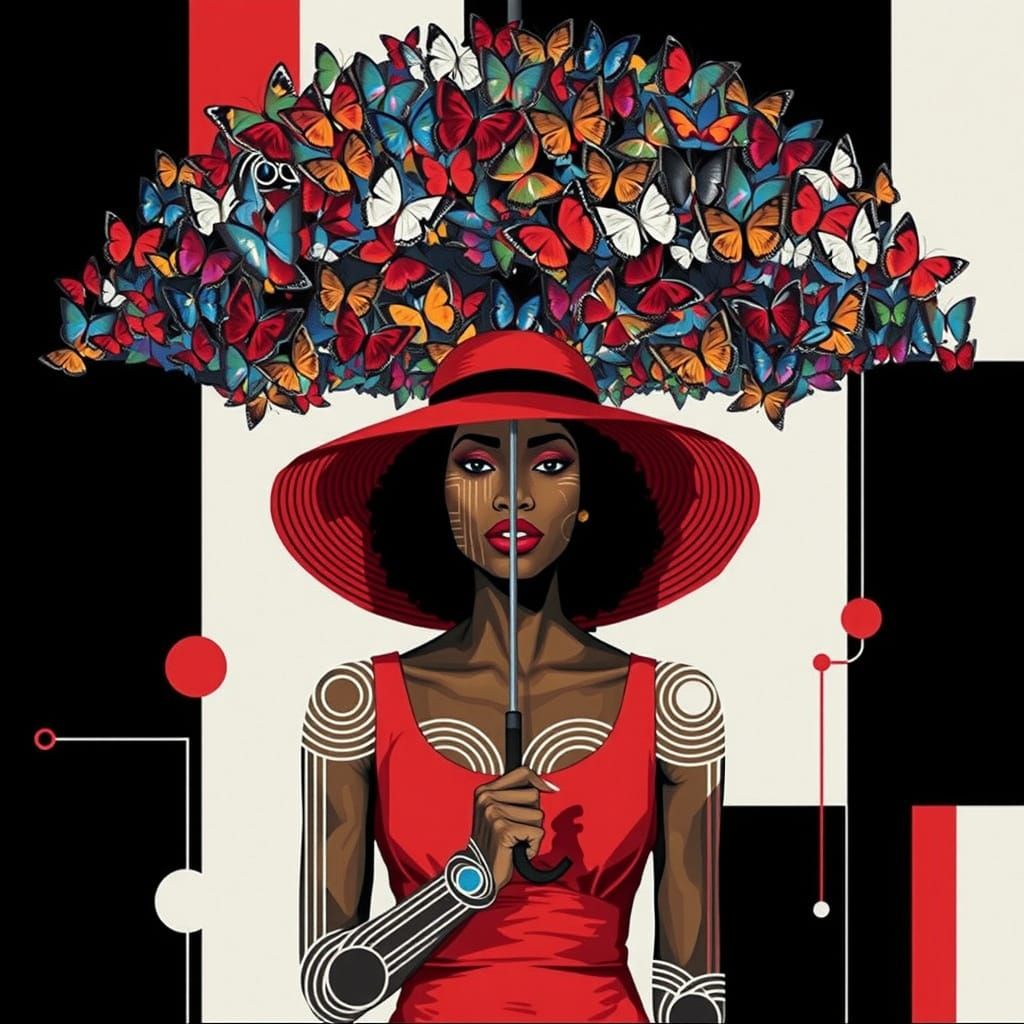 Elegant African American Woman Portrait with Butterfly Umbre...