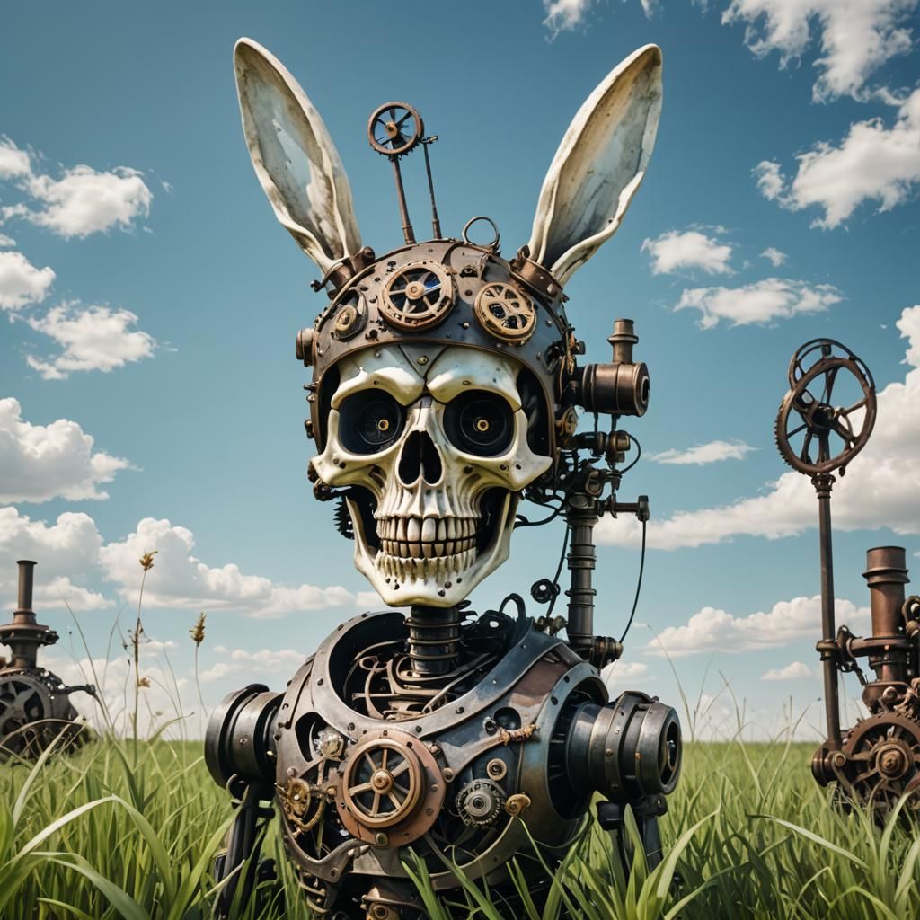 Skeleton with Bunny Ears and Steampunk Engine