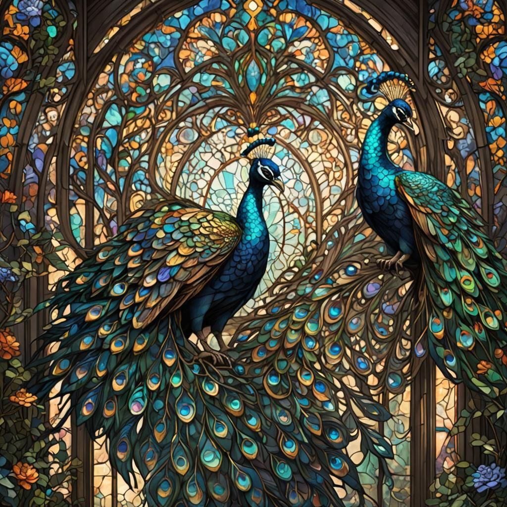 Fantastical Stained Glass Peacock in Detailed Digital Art