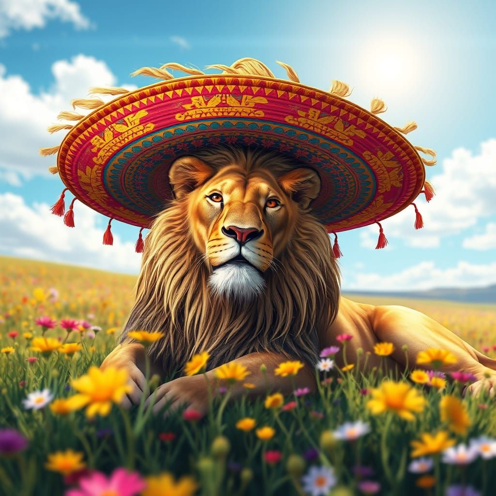 Lion in Sombrero: Vivid Digital Painting