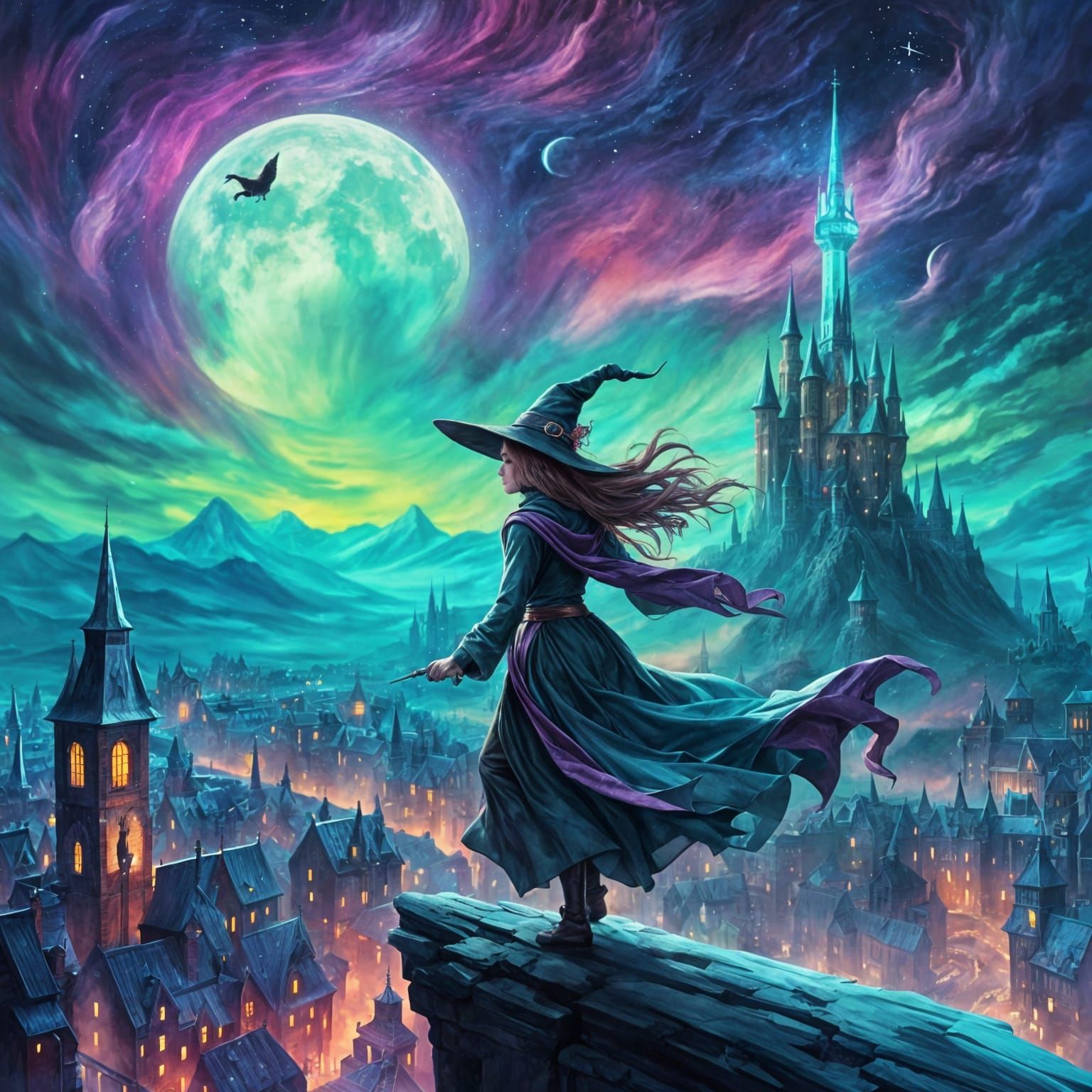 Witch on Broom Over Dark City with Northern Lights