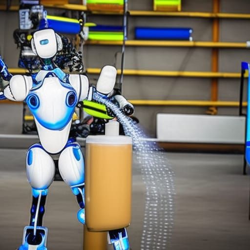 Futuristic Humanoid Robot Wielding Flamethrower