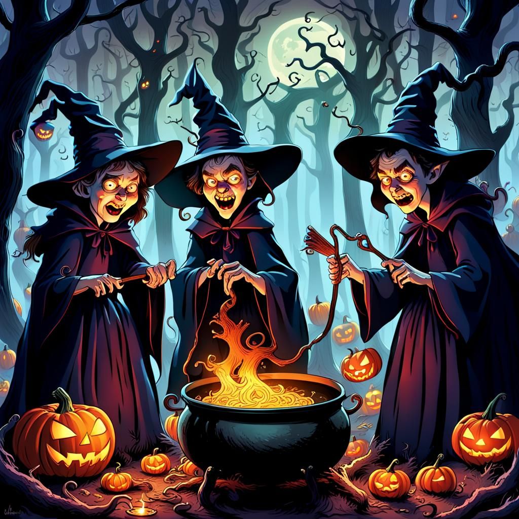 Humorous Halloween Gathering in Dark Engraving Style