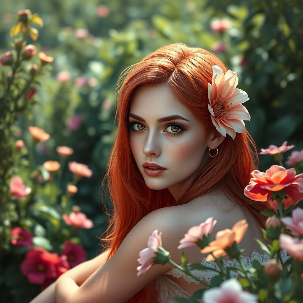 ((Photorealistic portrait of a stunningly beautiful ((vibrant woman with red hair, flower tucked behind her ear, golden ...