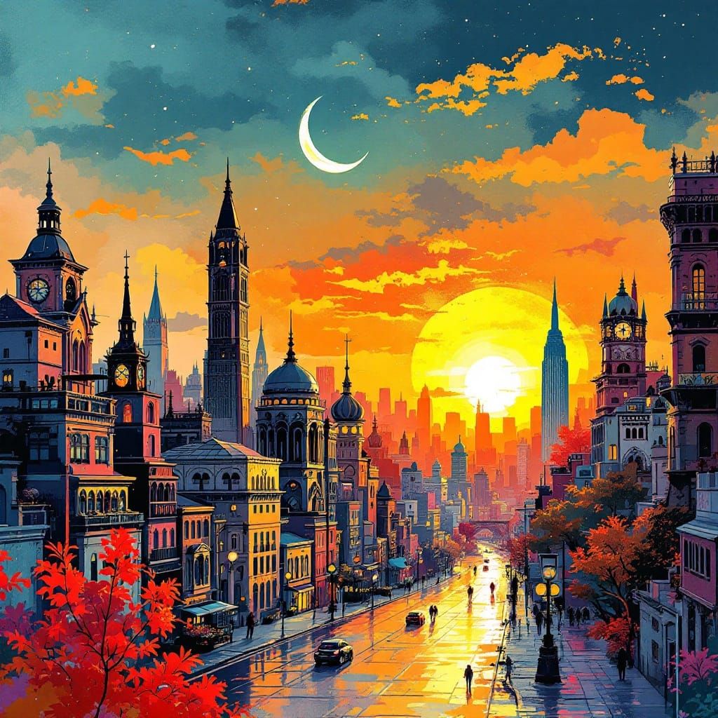 Vibrant Cityscape at Dusk with Golden Glow