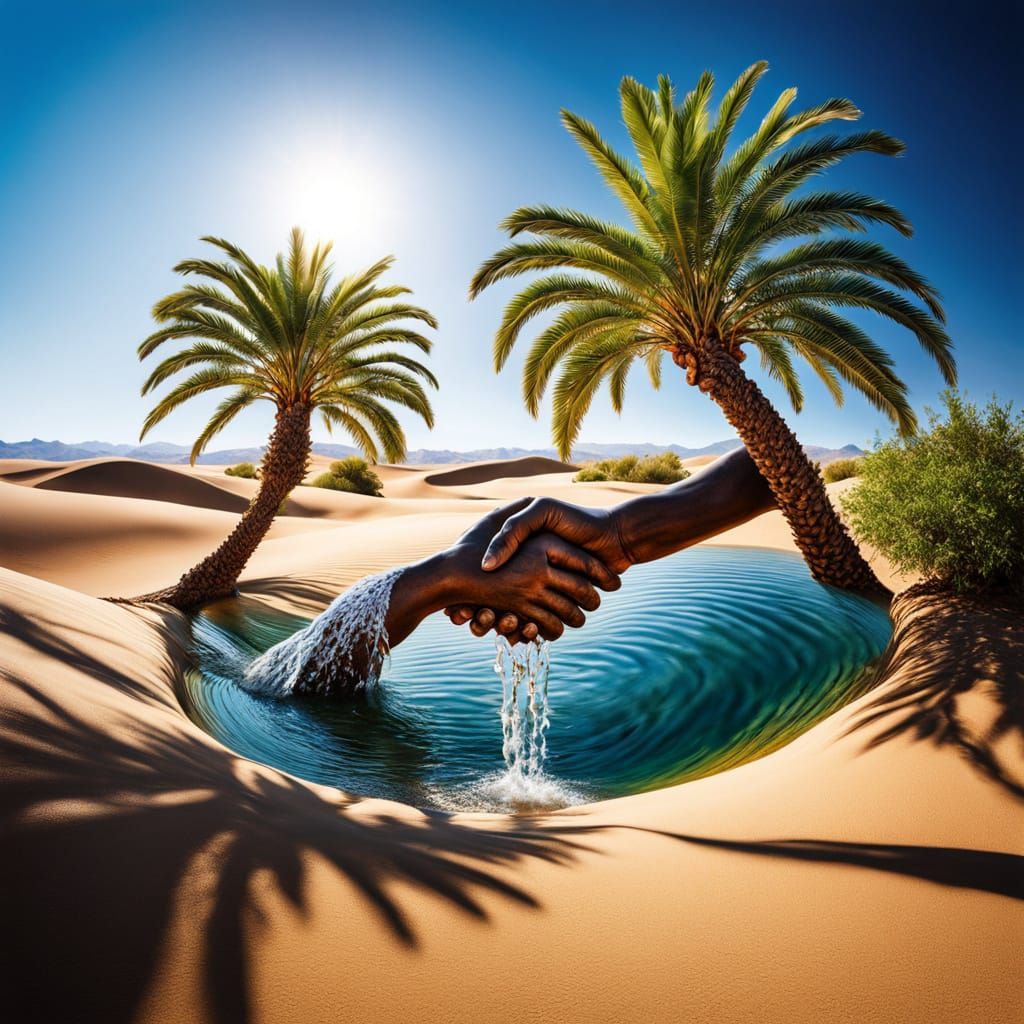 Giant Hands Create Oasis: Hyperrealistic Desert Photo