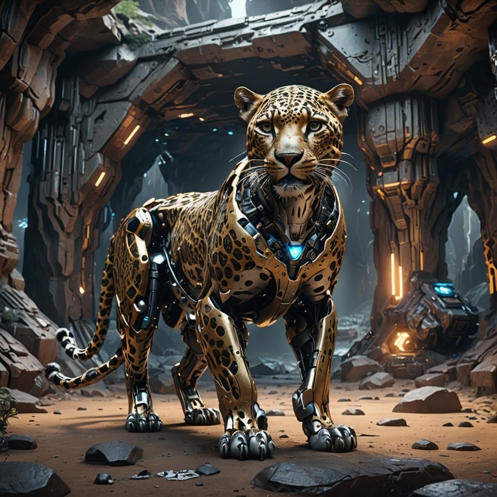 Futuristic Leopard in Cave with Mech Details