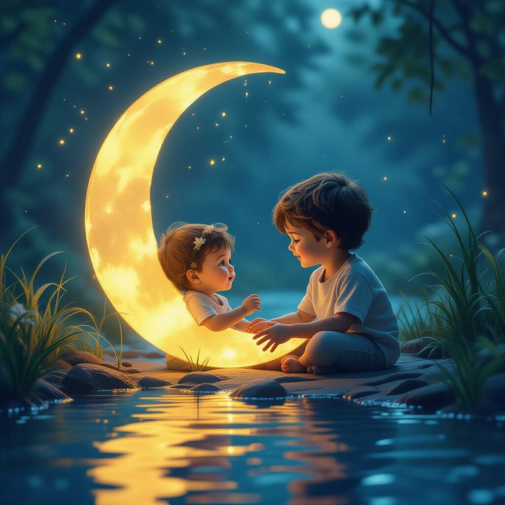 Dreamlike Moon Cradle With Children in Fantasy Art Style