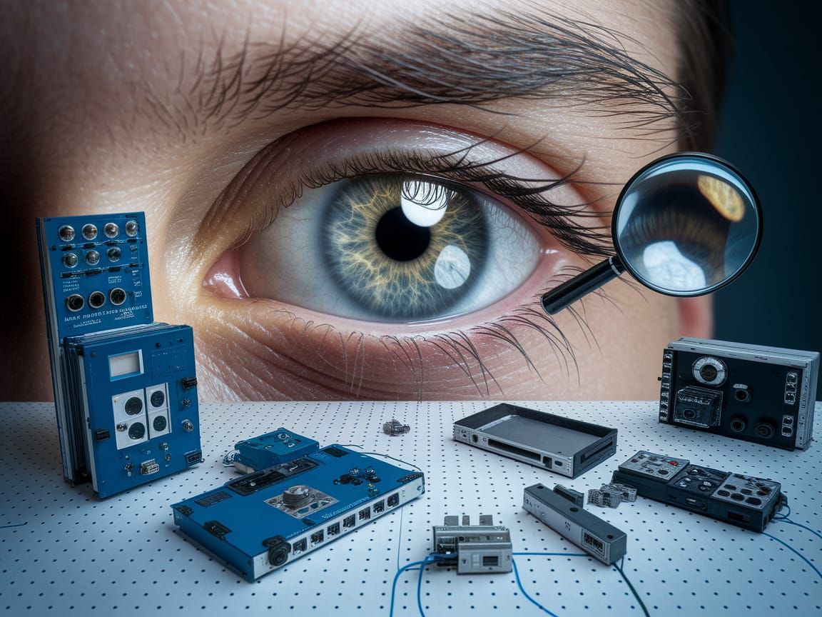 A Giant Eye Inspects a Jumbled Array of Electronic Devices