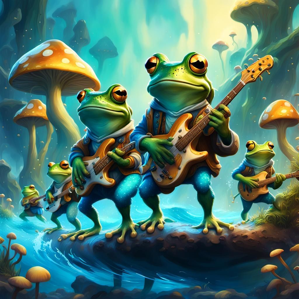 Surreal Frog Surfers in Fantasy Landscape
