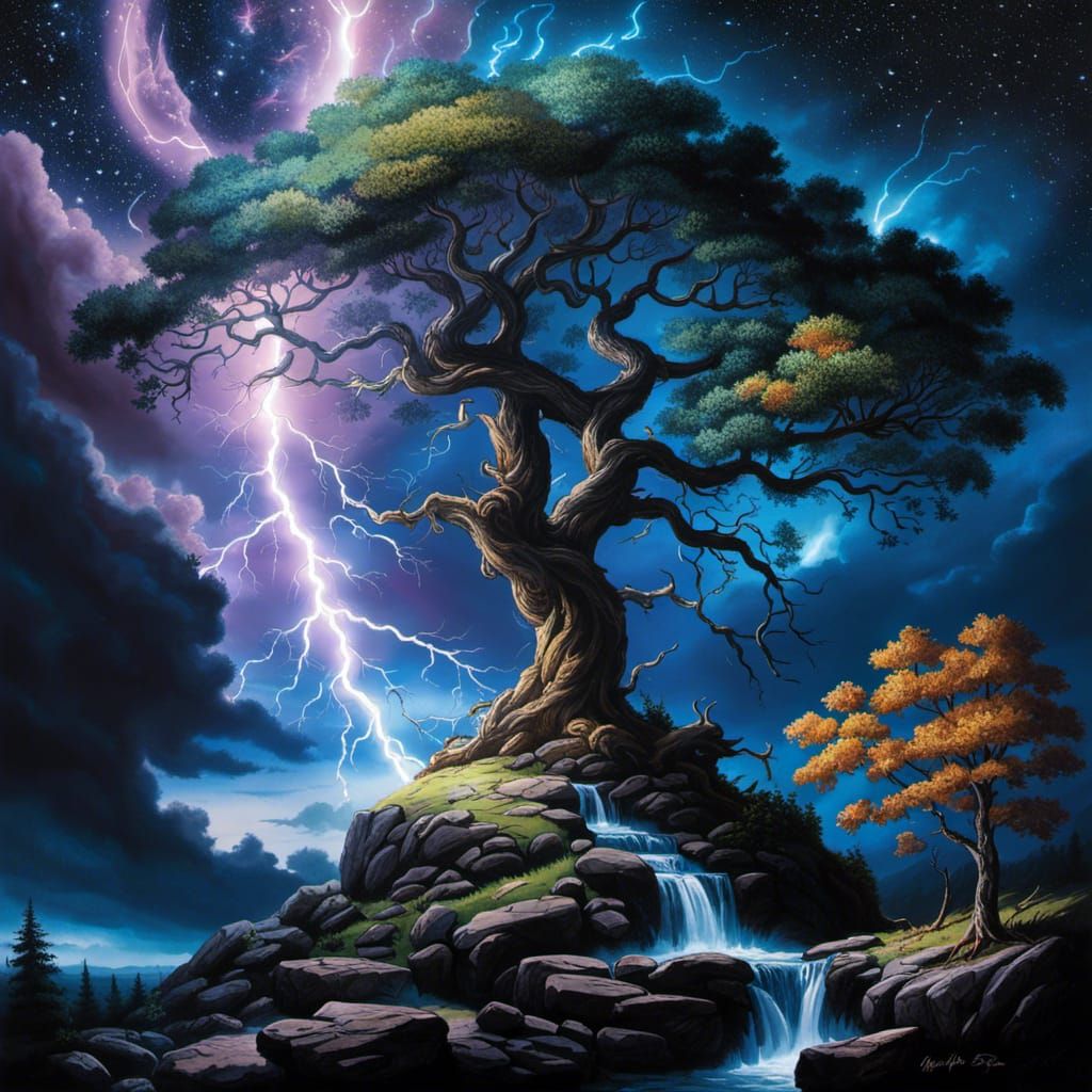 Majestic Tree During Thunderstorm, Hyperdetailed Painting