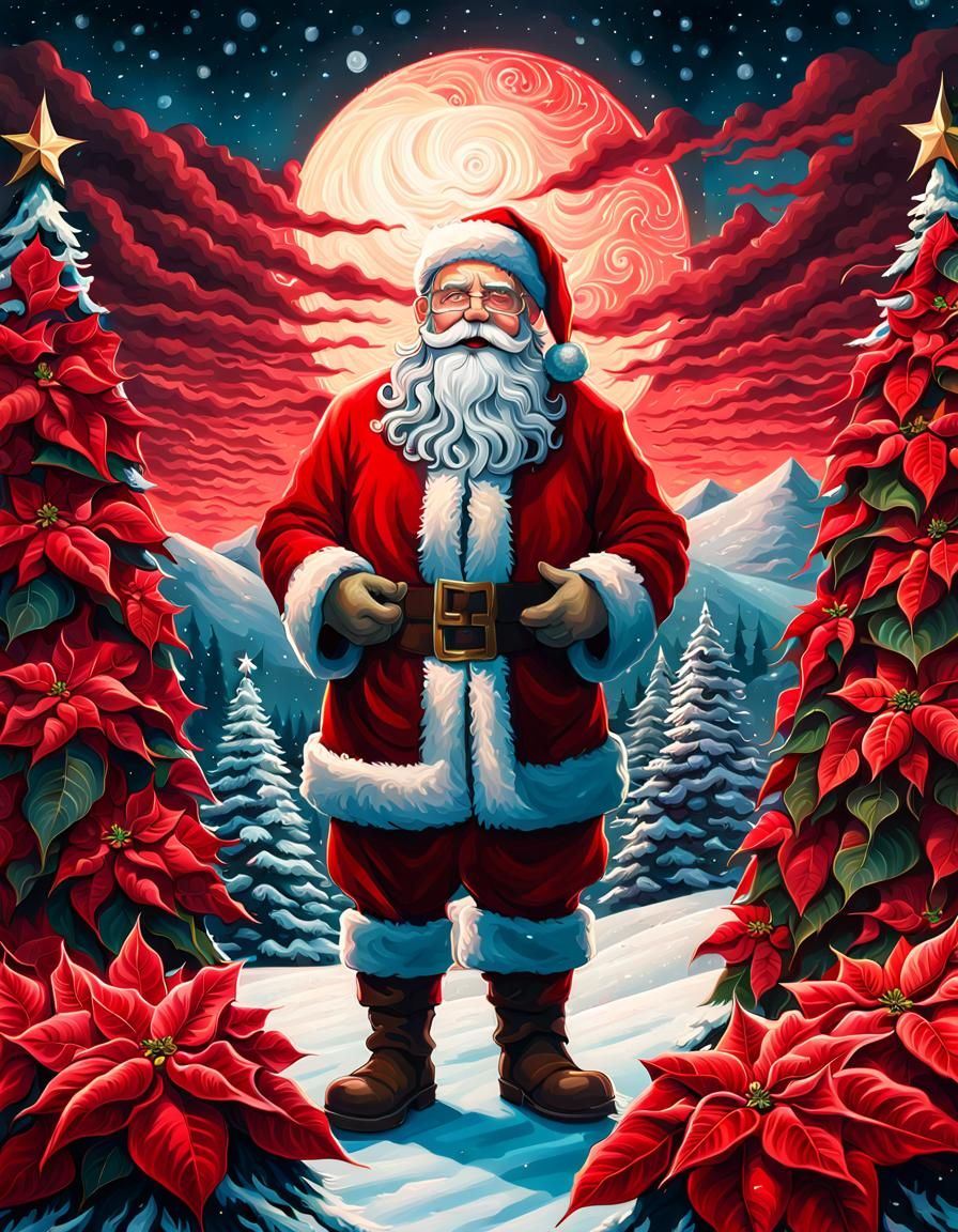 Santa Claus and Poinsettia Tree in Psychedelic Style