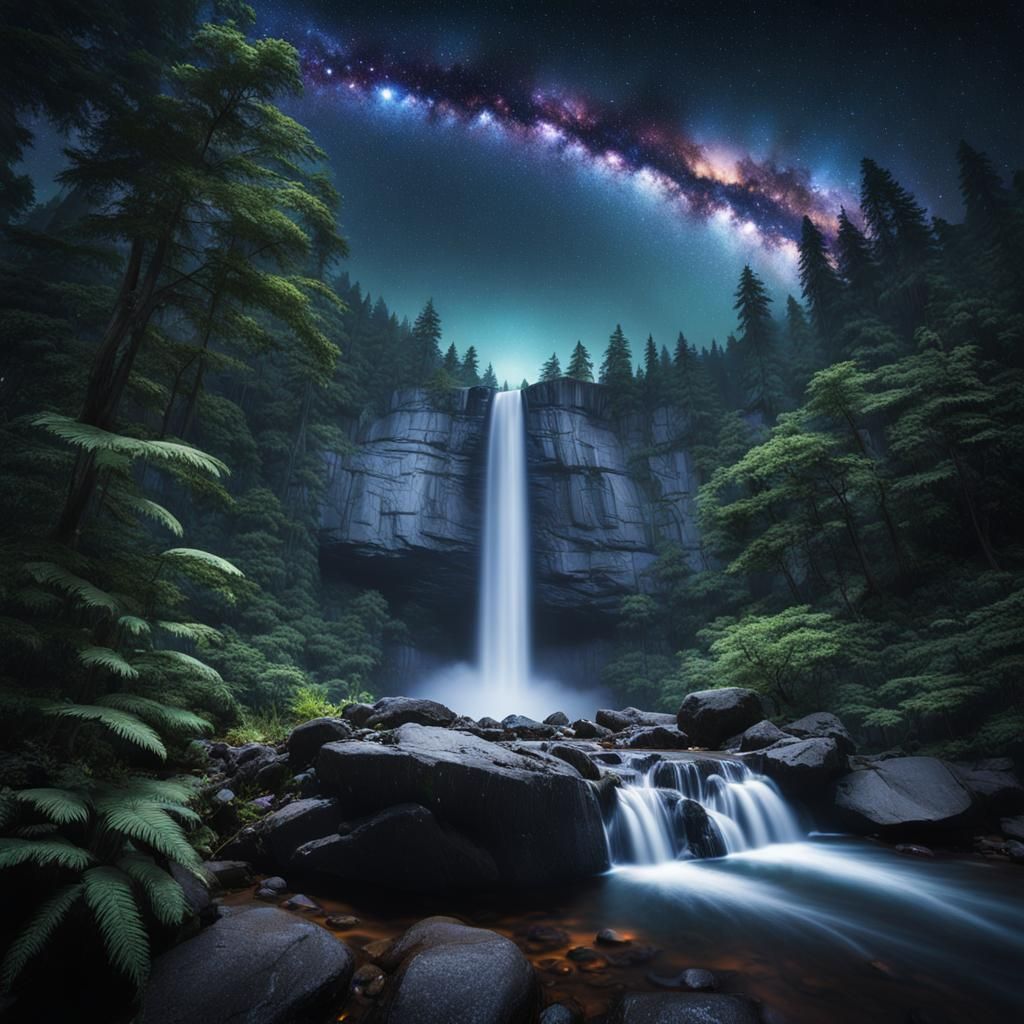 Night Waterfall in Lush Forest with Galaxy Sky