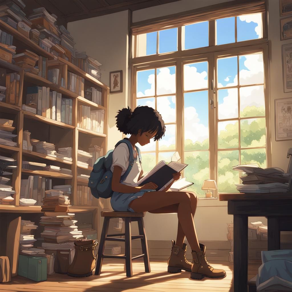Anime Style Black Girl Studying in Country Setting