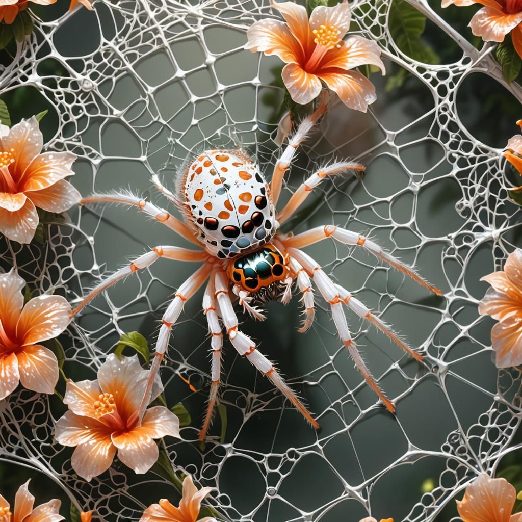 Iridescent Spider on Hibiscus Web in Hyperrealistic Anime Ar...
