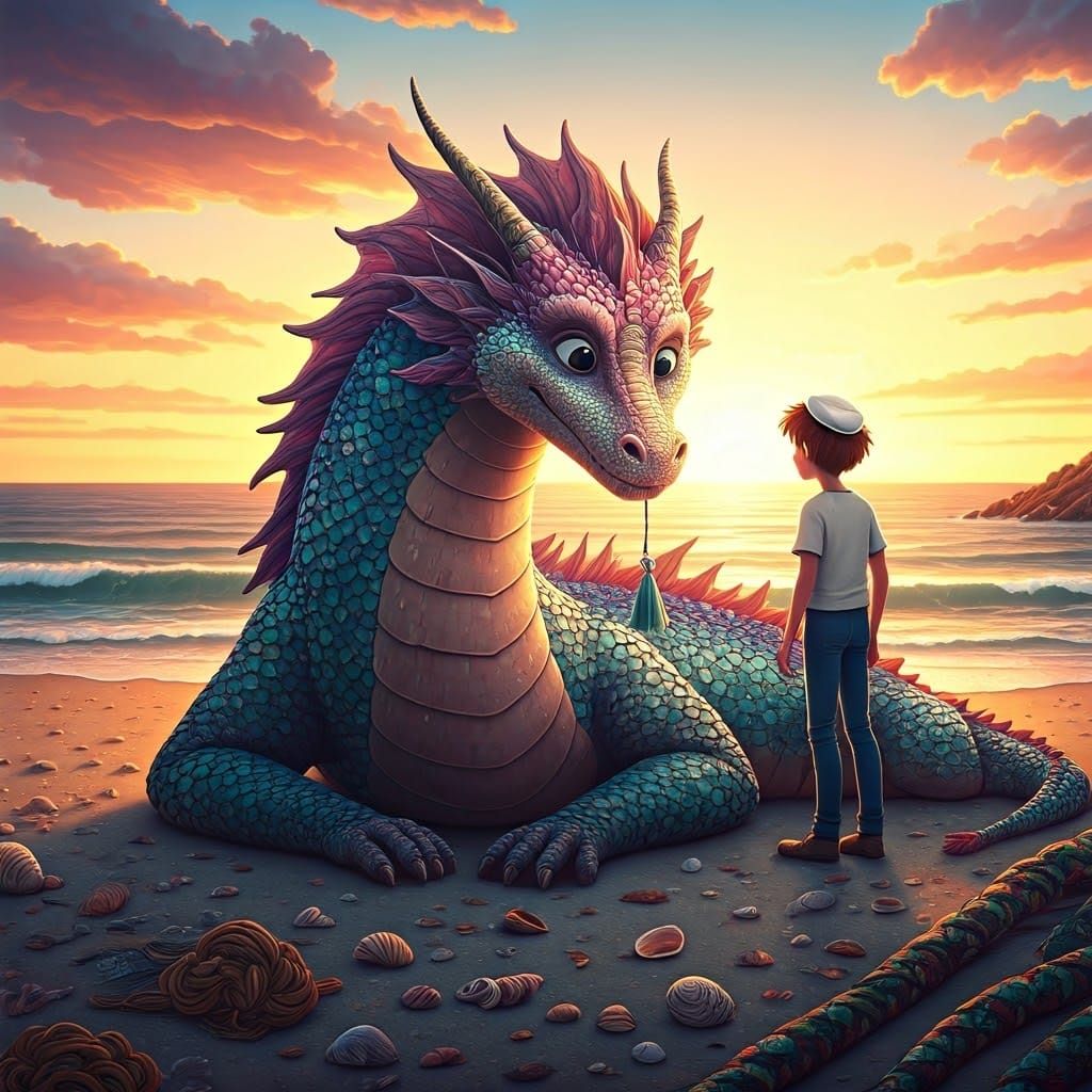 Majestic Dragon Frolics on Sun-Kissed Beach in Vibrant Mosai...