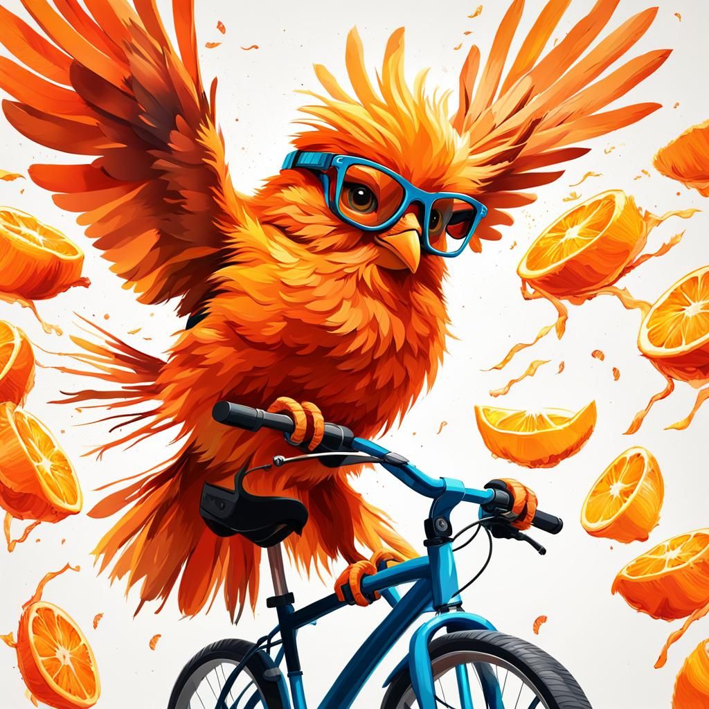 Orange Bird Rides Orange Peel Bike in Pop Art