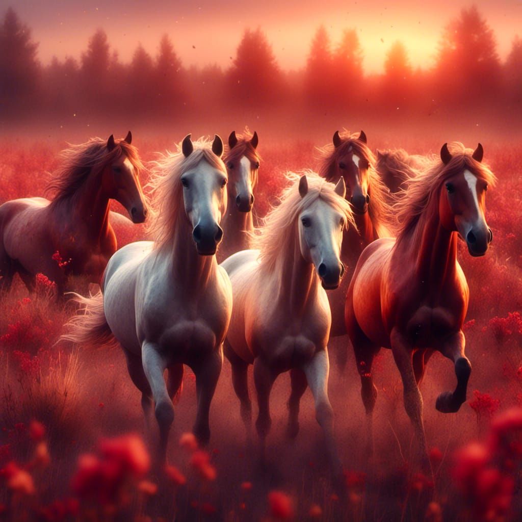 Wild Horses Running Through Prairie: Hyperrealistic Splash A...