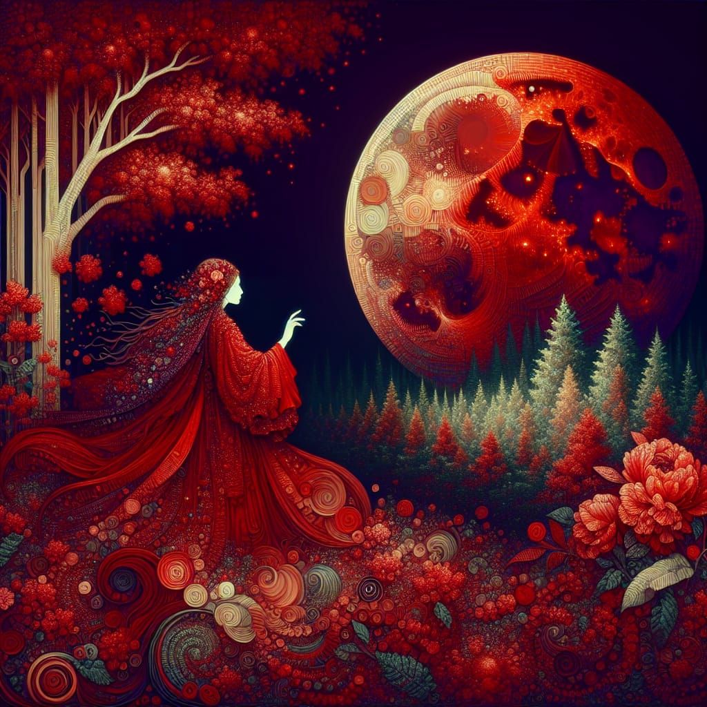 Girl with Red Flowers and Moon: Maximalist Concept Art