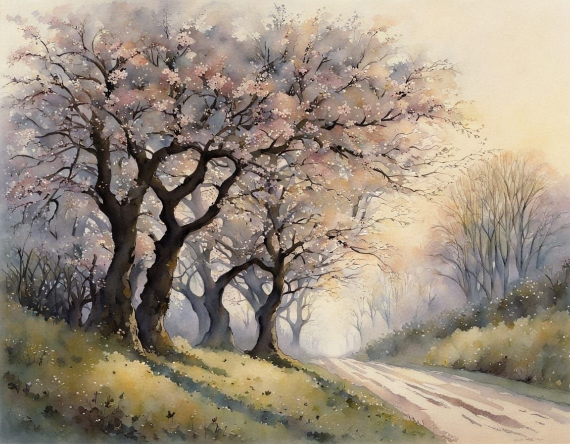 Surreal Cherry Blossom Avenue in Gentle Evening Light