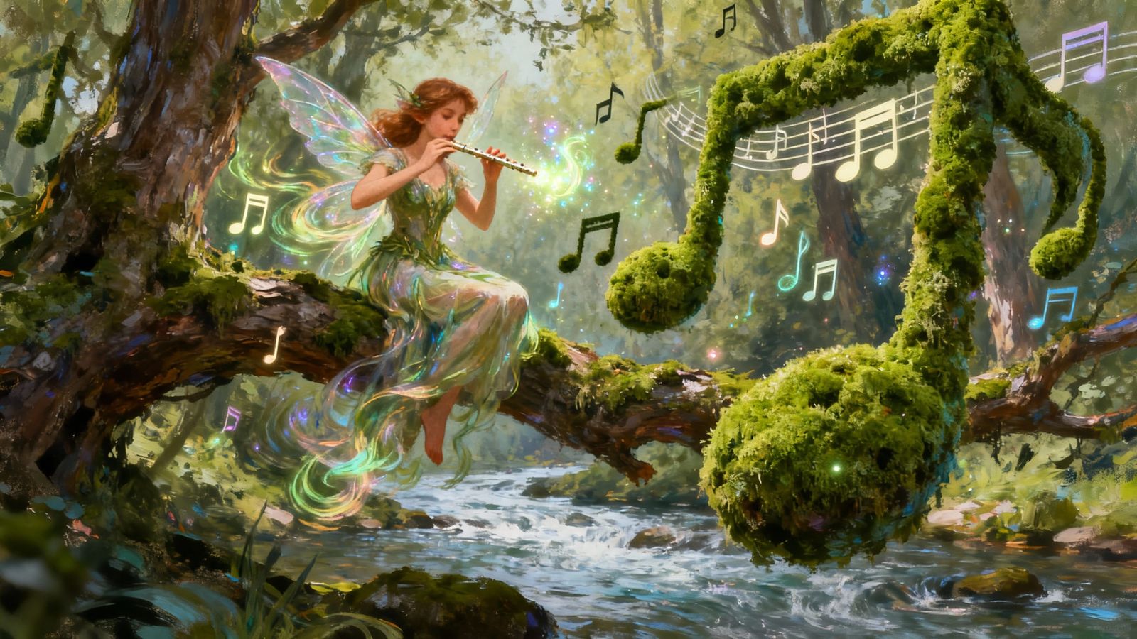 Fairy Plays Flute Over River with Moss Music Notes