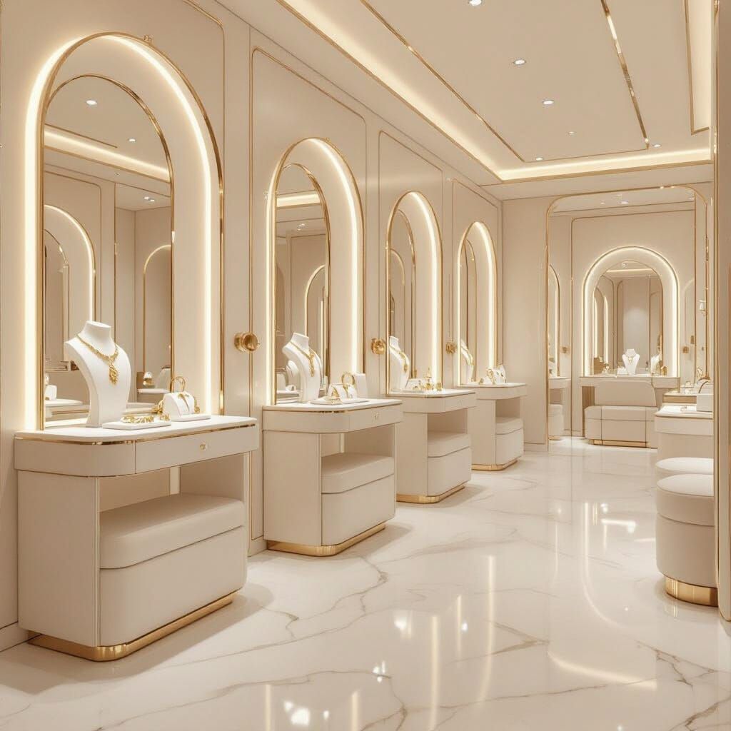 Luxurious Fashion Salon with Ornate Mirrors and Gold Jewelry
