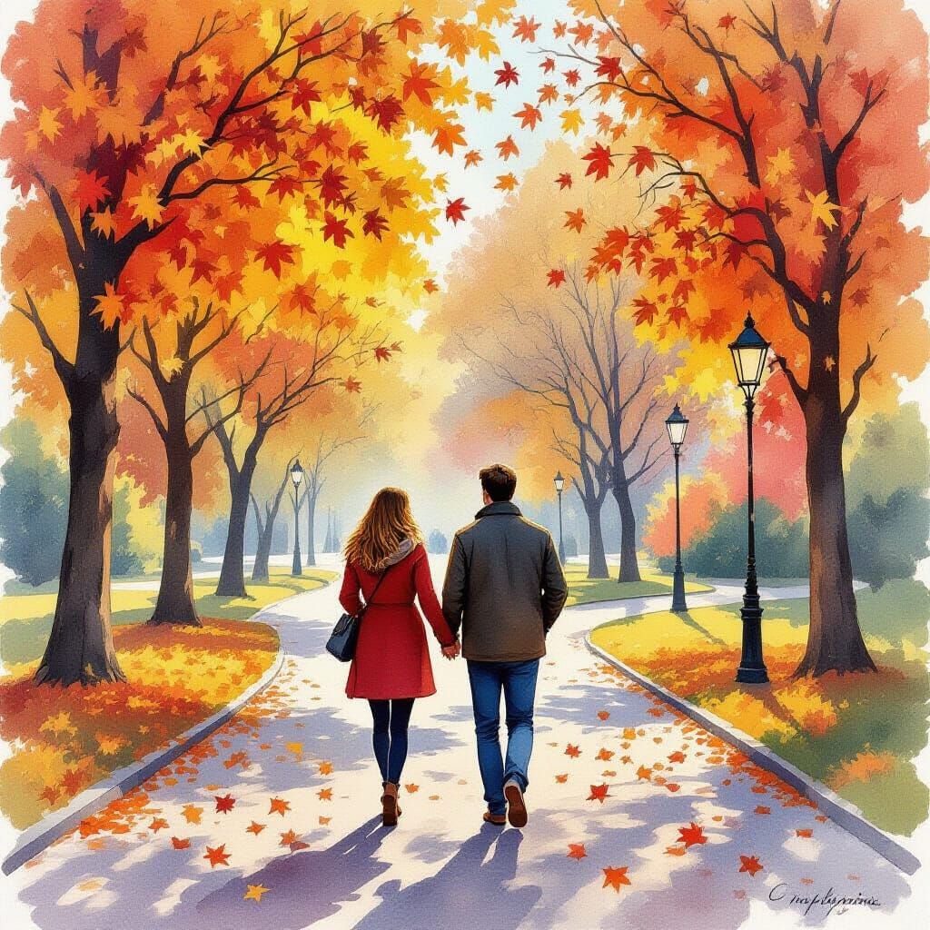 Autumn Couple in Park, Watercolor Painting
