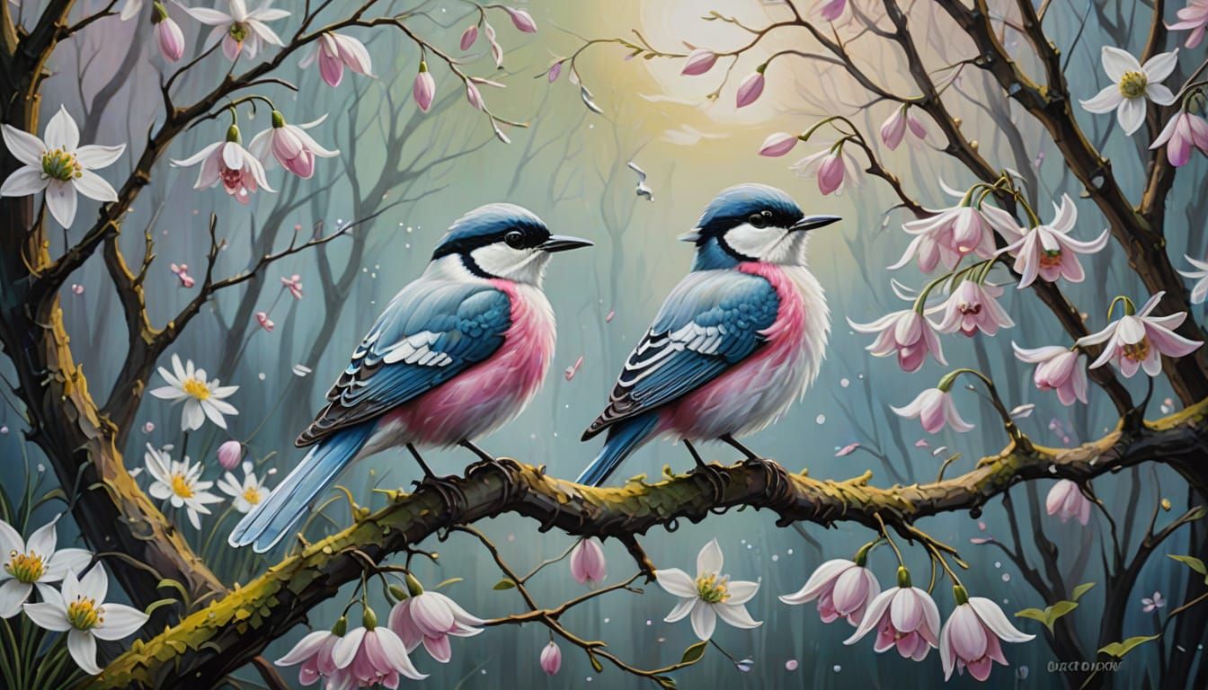 Whimsical Pink Bird in Soft Focus Oil Painting