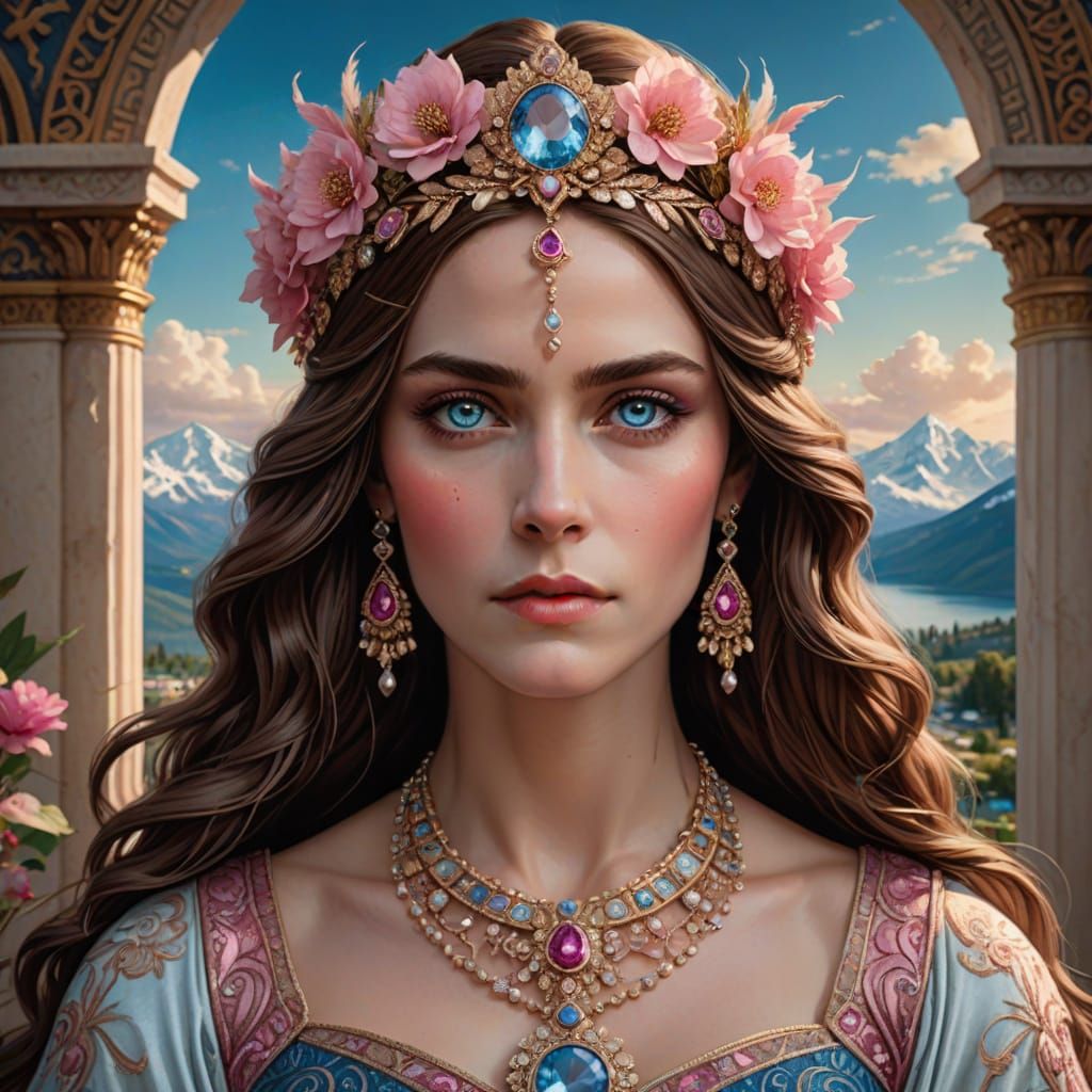 Leto, Goddess of Motherhood, Portrait with Mount Olympus