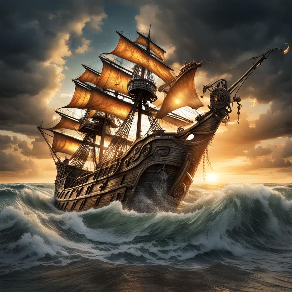 Pirate Ship Sinking into Stormy Sea Graffiti Art