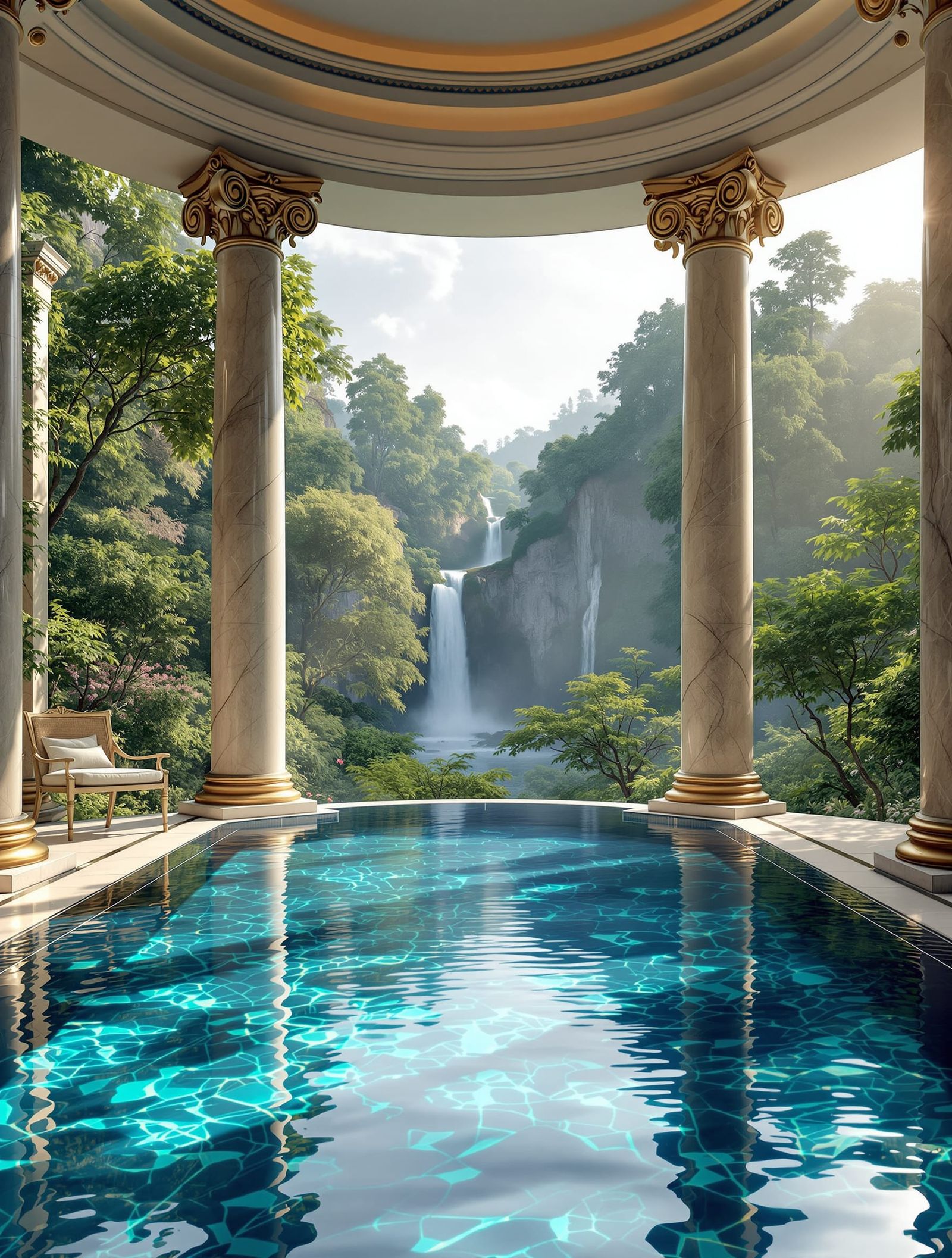 Elegant Pool with Forest Waterfall Landscape Digital Paintin...