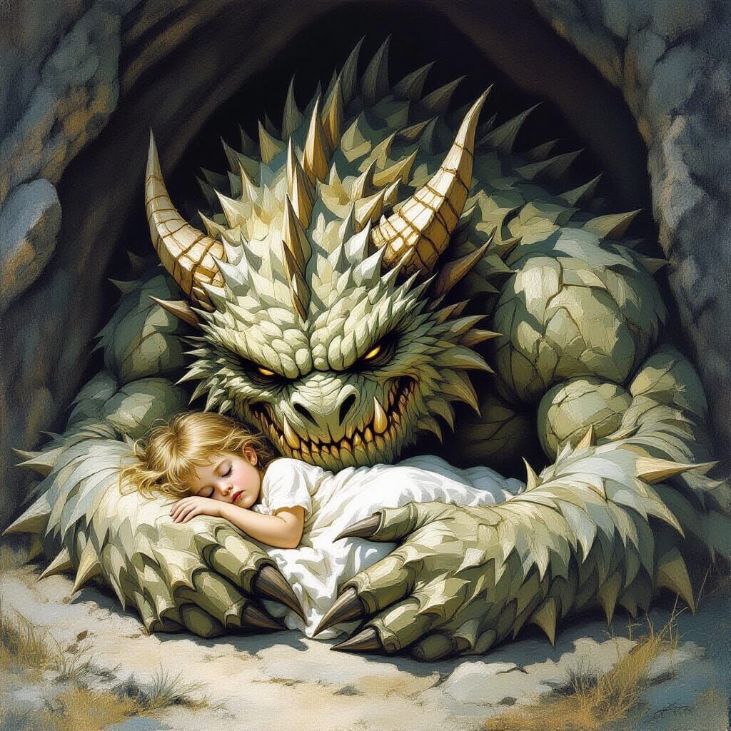 Friendly Monster Protects Sleeping Child: Oil Painting