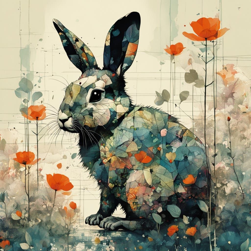 Surreal Garden Scene with Intricate Bunny Silhouette