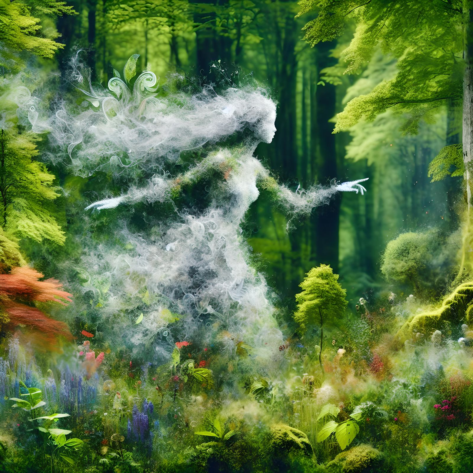 Ethereal Mist Girl in Lush Hyperrealistic Forest