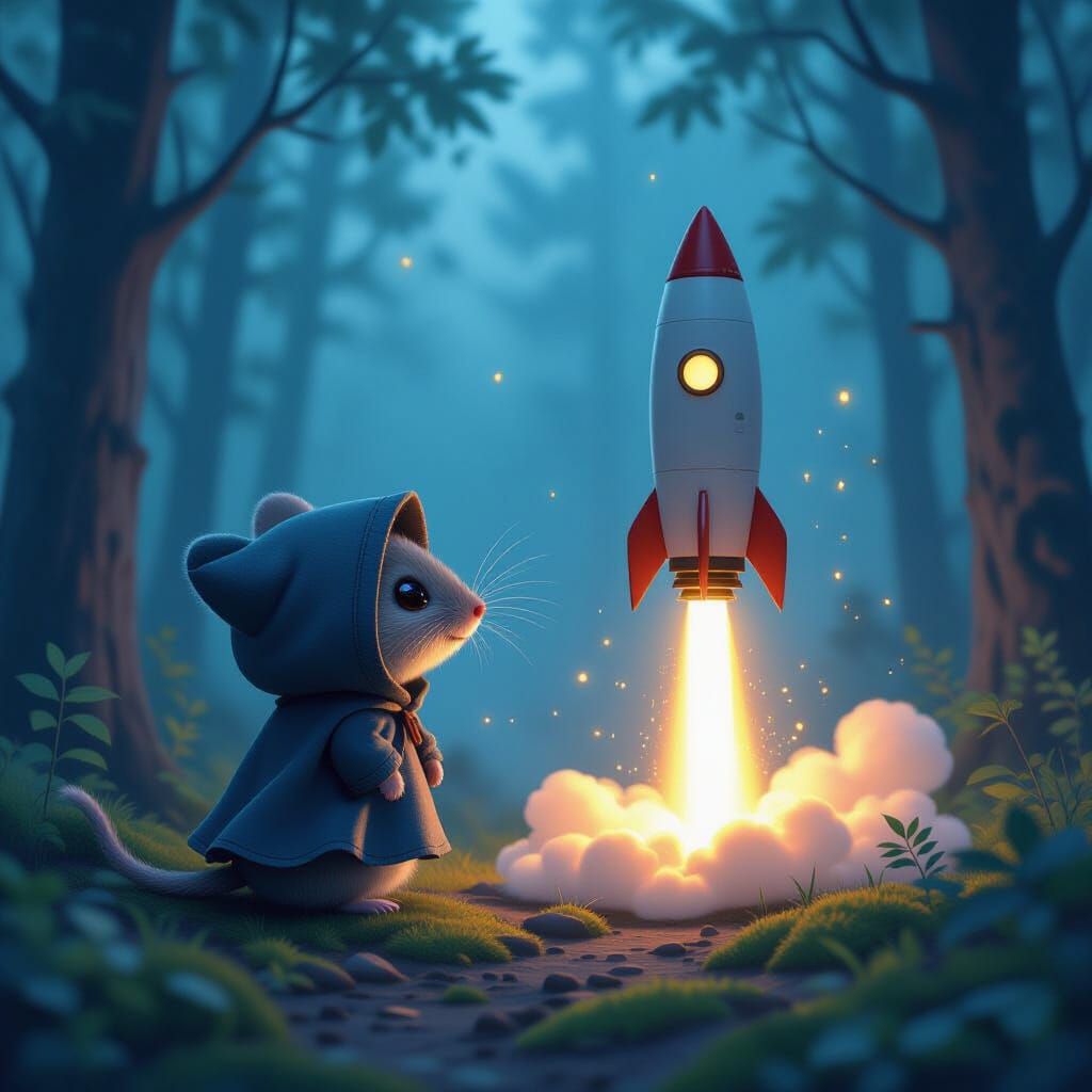 Mouse Watches Rocket Launch in Twilight Forest