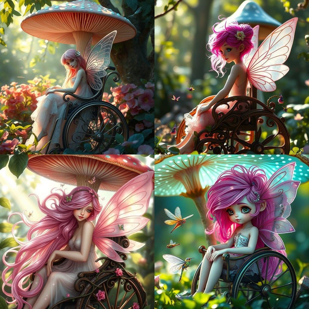 Fairy in Whimsical Wheelchair, Surrounded by Magical Creatur...