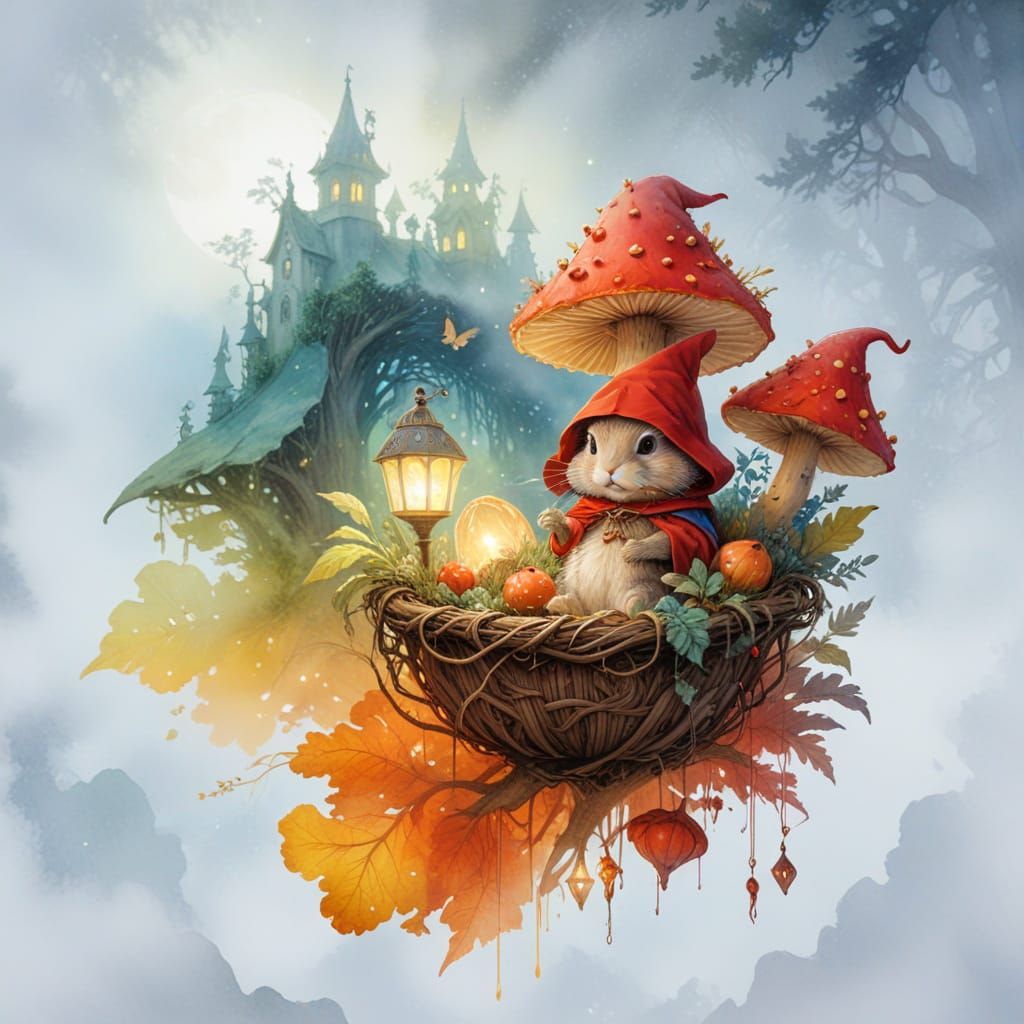 Whimsical Fantasy Illustration of Little Red Riding Hood