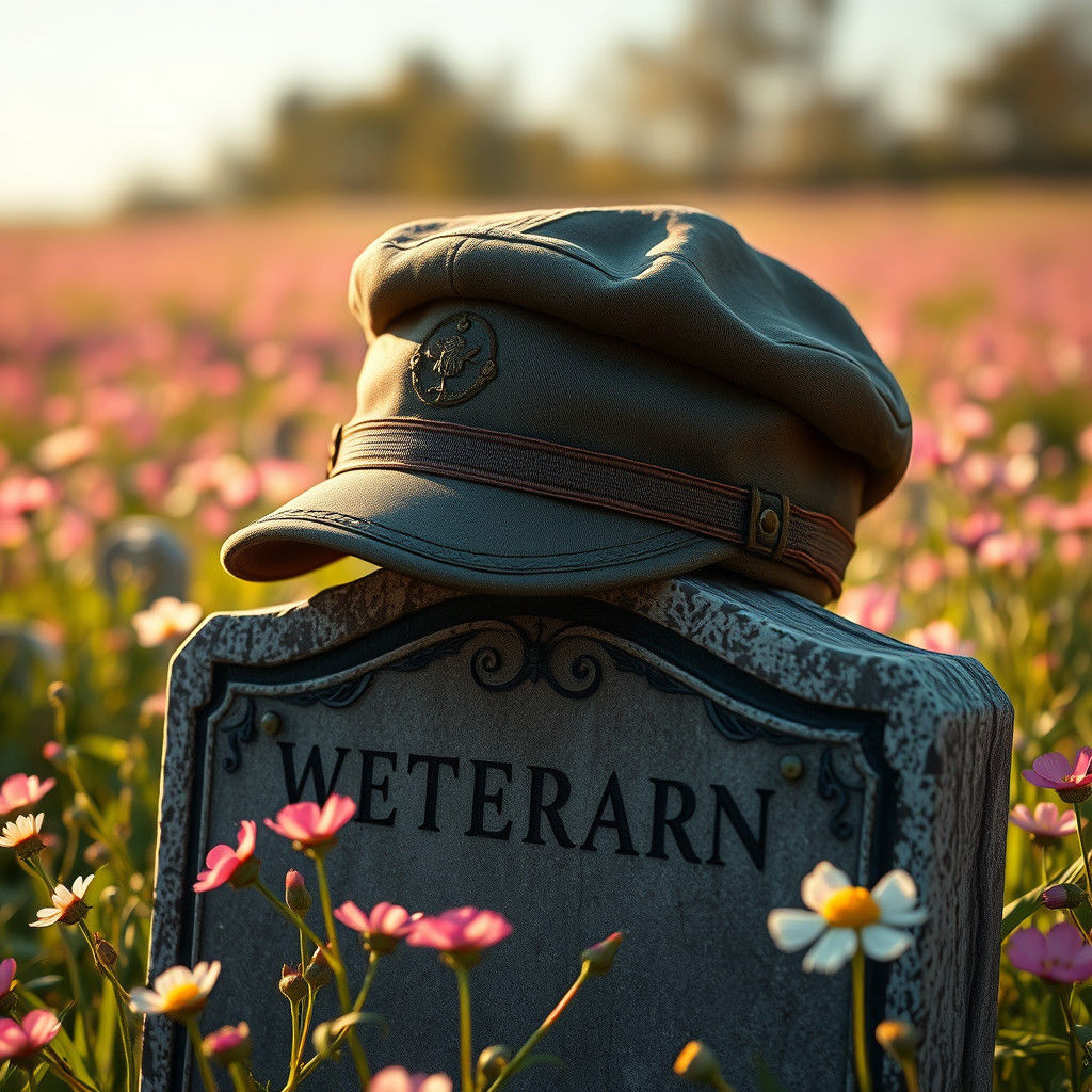 WWII Veteran's Grave with Army Hat in Dreamlike Field