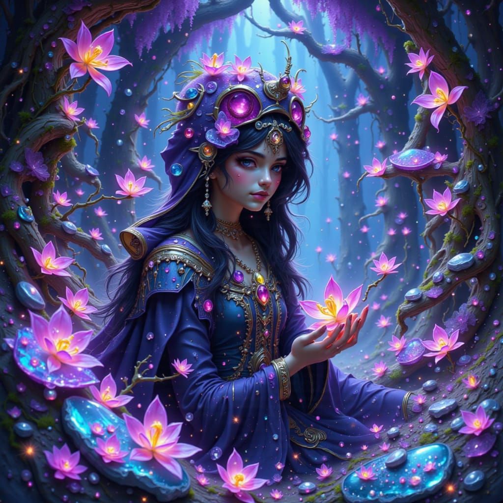 Whimsical Adventurer in Bioluminescent Crystal Cavern