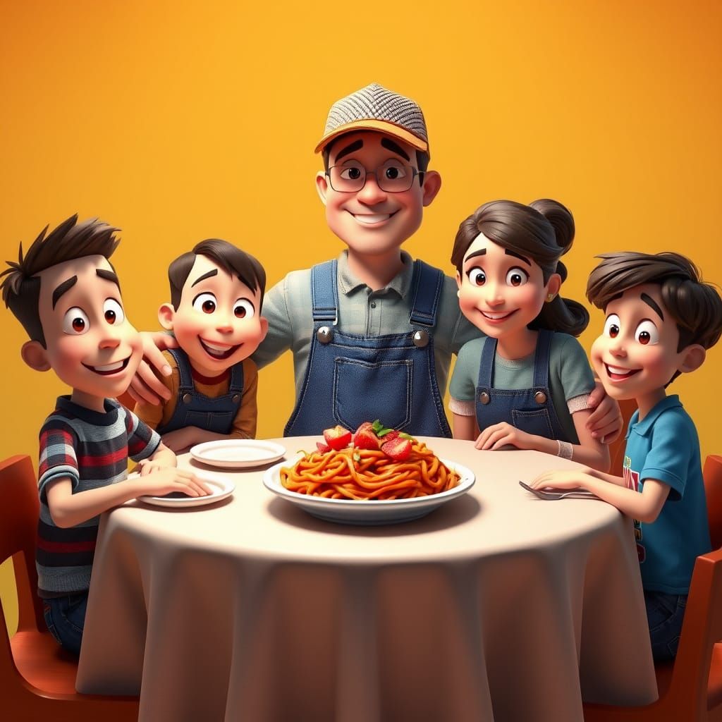 Family Dinner in Pixar Style 3D Rendering