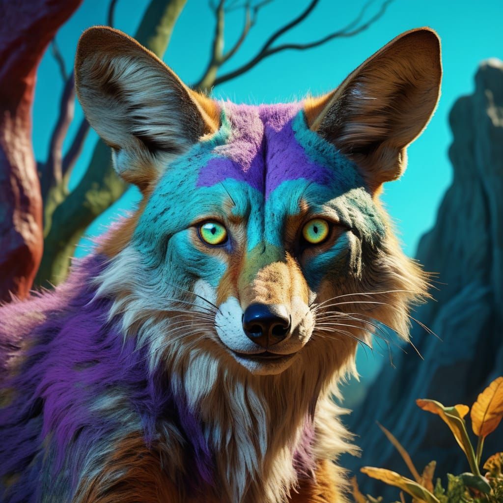 Surrealistic Alien Landscape with Ringtail Coyote-Like Creat...