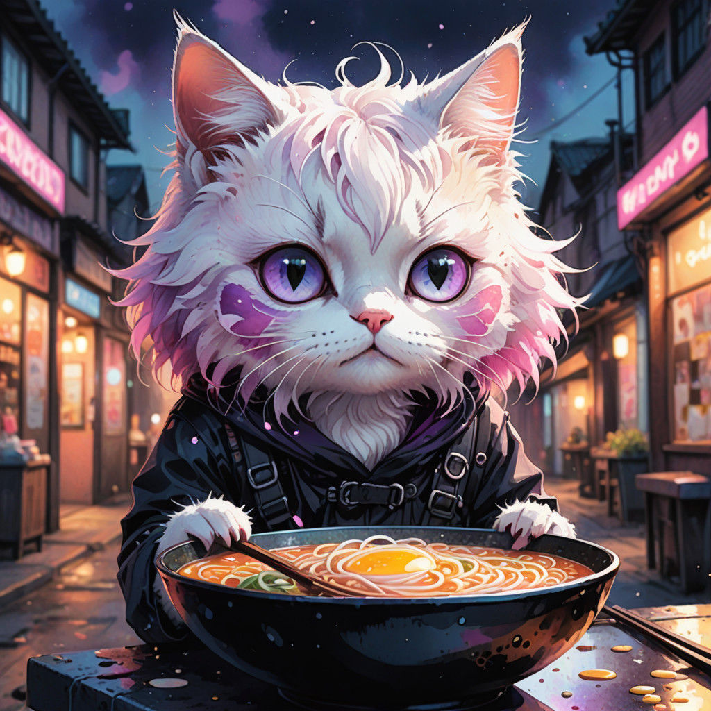 Pastel Goth Cartoon Cat Savoring Ramen in a Misty Alleyway