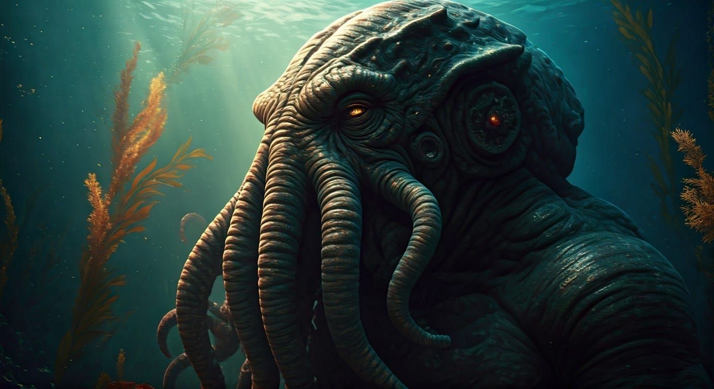 Ethereal Cthulhu Rising from Turbulent Depths